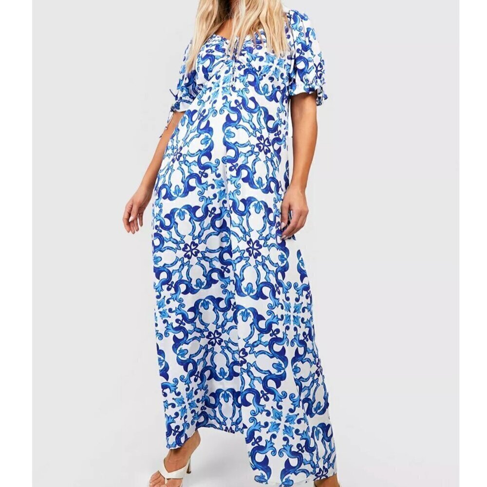Boohoo Porcelain Print Puff Sleeve Maxi Dress - NWT - Size 16 - Picture 1 of 9